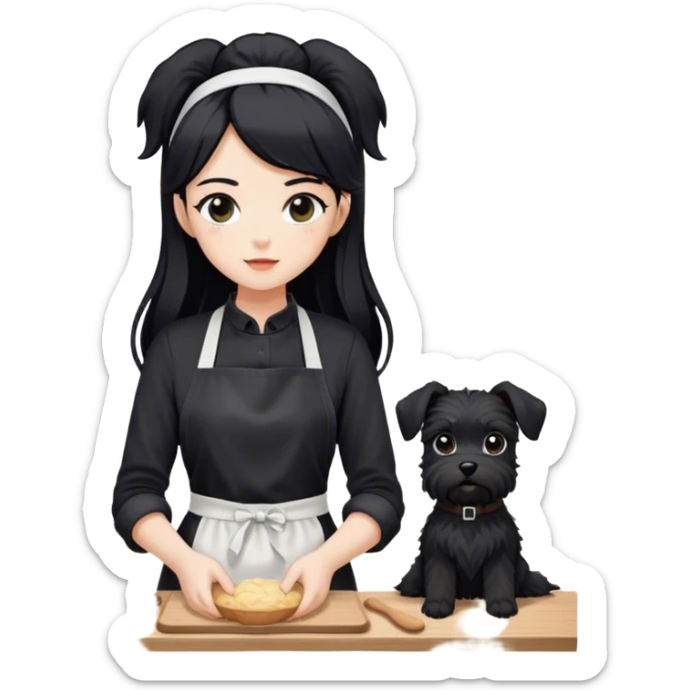 pale girl with long black hair wearing black long sleeve tshirt wearing apron and baking holding black floppy ear schnauzer no tail sticker