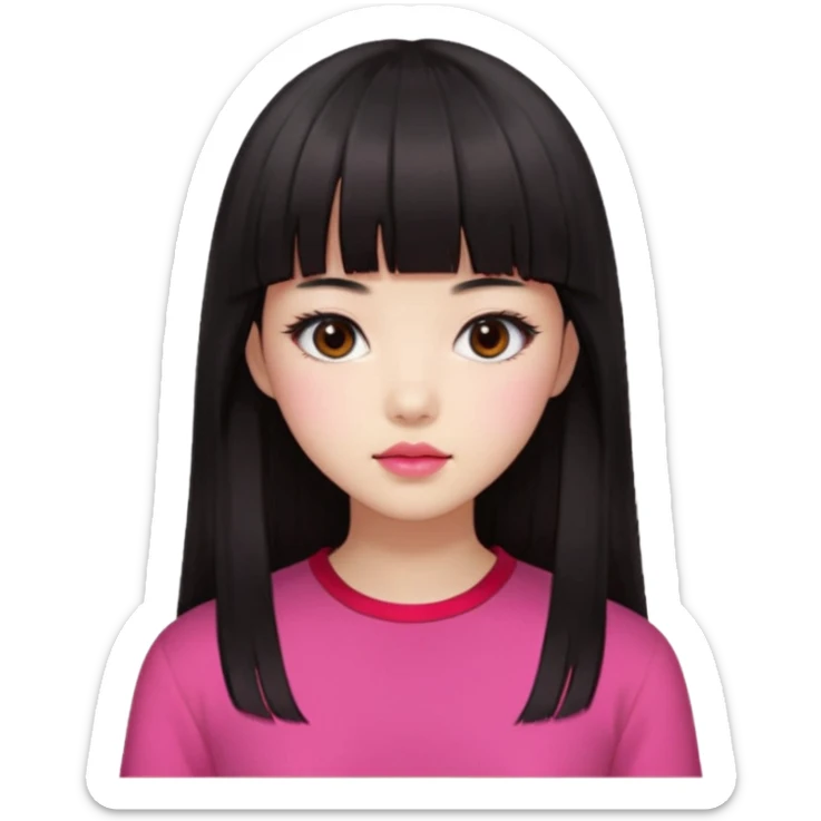 Korean girl, red top, black brown hair, brown eyes, long hair, cool girl, aesthetic, long hair, hime cut, blunt bangs, pink lips, pink cheek sticker