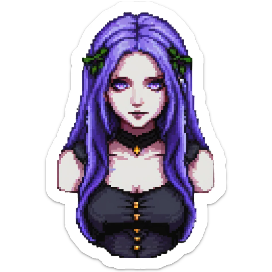 pixel art of a gothic woman with purple hair, witchy touch sticker
