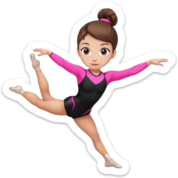 A female gymnast with brown hair in a neat bun, wearing a black uniform with neon pink elements. sticker