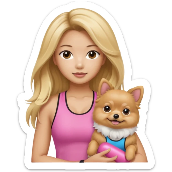 An Asian lady with long, blonde balayage hair, blonde highlights, wearing a pink gym outfit, holding a Pomeranian sticker