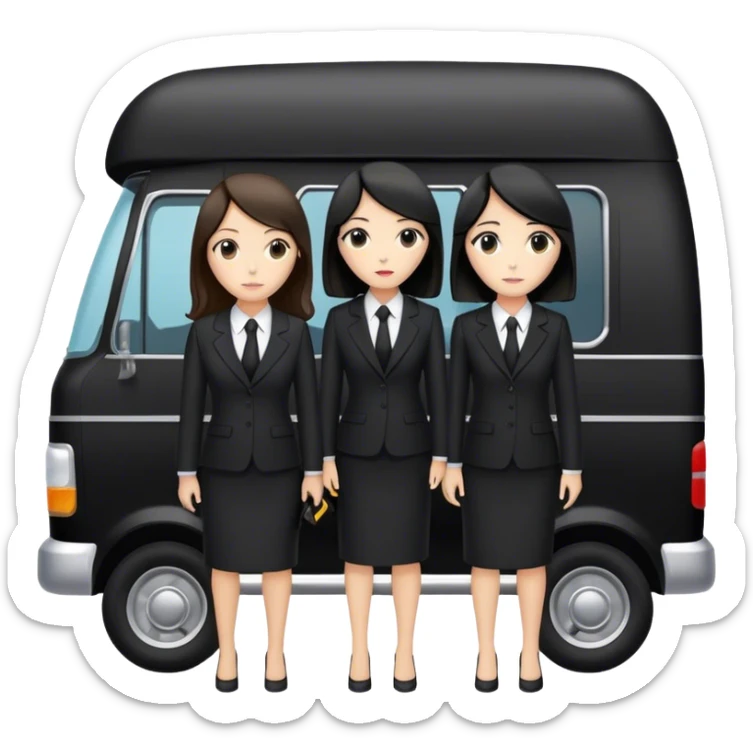 2 woman in a suit. One is brunett and one has black hair standing in front of a black funeral van with a stretcher with a body bag on it  sticker