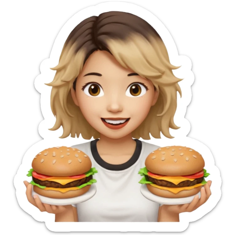 create a humongous asian girl with 2 burgers and a cookie in her mouth sticker
