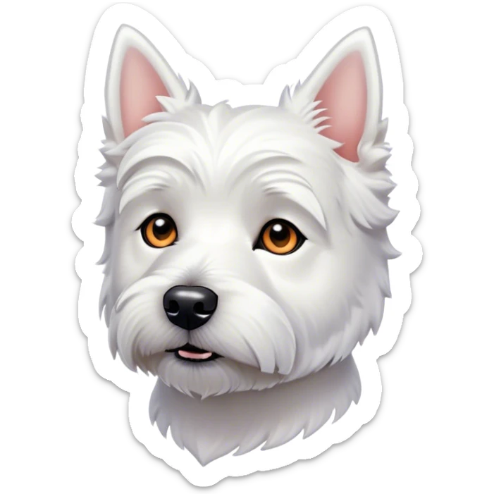Cinematic Noble West Highland White Terrier Portrait Emoji, Poised and regal, with a compact, sturdy build and a pristine, well-groomed pure white coat, deep-set soulful dark eyes, Simplified yet sharp and sophisticated features, highly detailed, glowing with a soft, dignified glow, high shine, intelligent and loyal, stylized with an air of confidence, focused and attentive, soft glowing outline, capturing the essence of a watchful and determined companion, so majestic it feels as though it could trot out of the screen with effortless authority! sticker