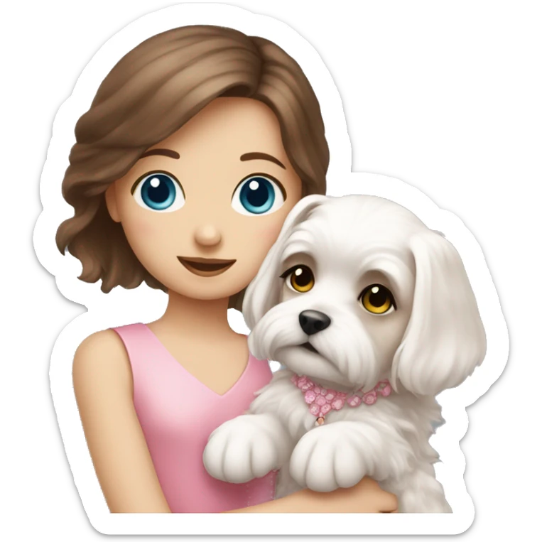 Brown hair blue eyes girl with maltese puppy with pink dress sticker