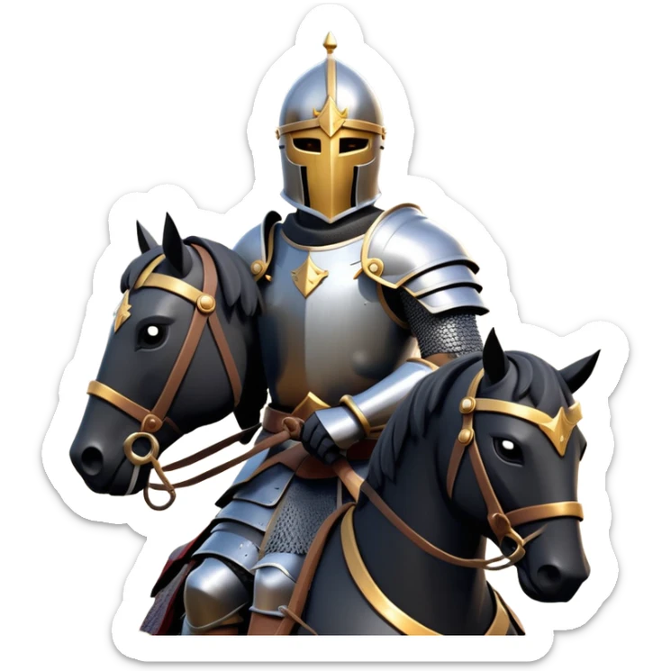 clash-of-clans-aesthetic_-cinematic-fearsome-and-majestic-knight-bust-portrait-emoji, rendered in a flat, vector-style with minimal shading and bold, simplified shapes, depicting a battle-ready medieval knight with steely eyes and intricate armor, mounted riding on a black warhorse reflecting sunlight over a misty battlefield. sticker
