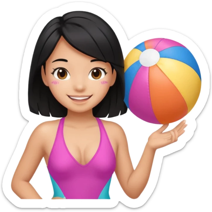 Hawaiian girl with black hair with pink highlights and a swimsuit, with beach ball sticker