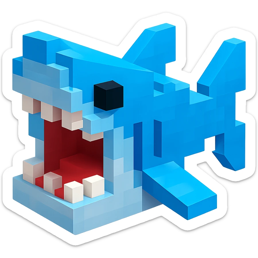 voxel style shark, open mouth, blocky, blue and silver, no background sticker