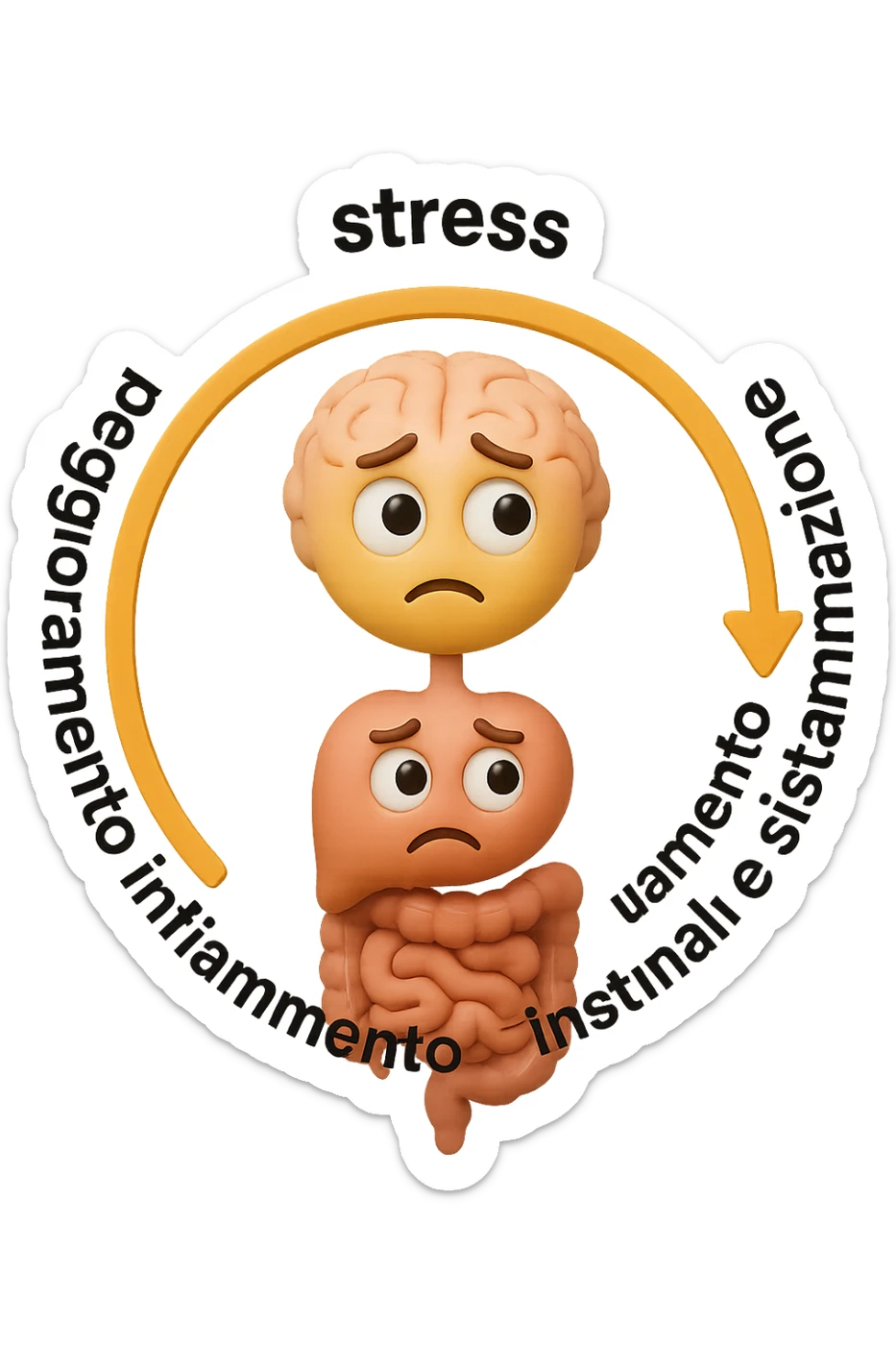 EMOJI STILE IPHONE 3D DI un cerchio con queste scritte che girano intorno "stress → peggioramento intestinale → aumento infiammazione → peggioramento sintomi intestinali e sistemici." al centro del cerchio metti un cervello e intestino umani collegati verticalmente con espressione dubbiosa in volto, FALLO MOLTO REALISTICO IN 3D sticker