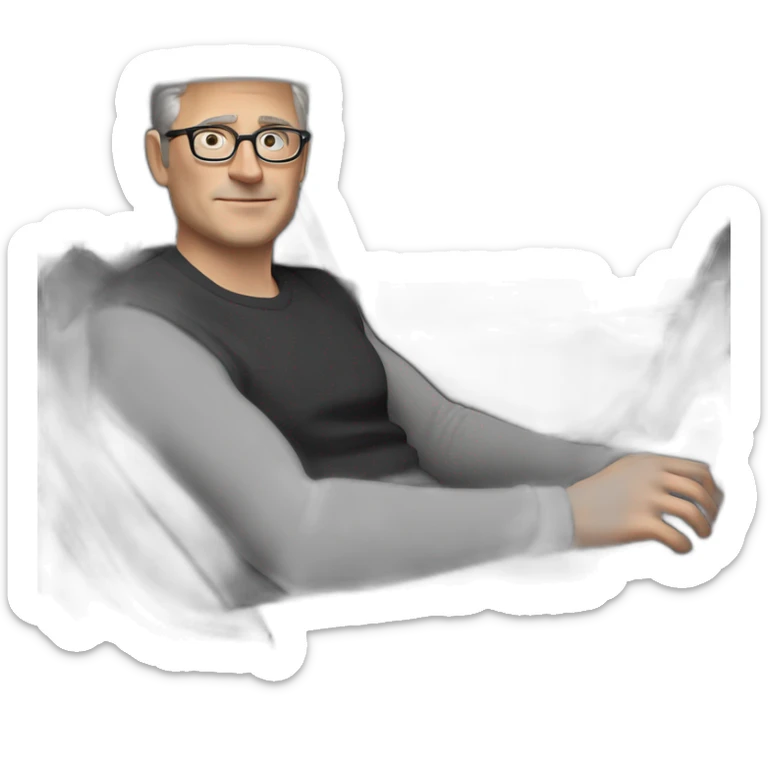 small-cartoonish-middle-age-lean-white-man,without-facial-hair,-with-black-hair-&-glasses-wearing-black-Tesla-T-shirt,-inside-black-tesla-model-3, at the wheel, full car front view sticker