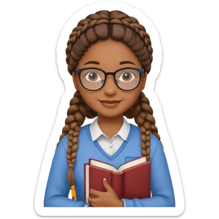 A student, girl, brown skin, braid hair, wearing glasses, hold book in front of their chest sticker