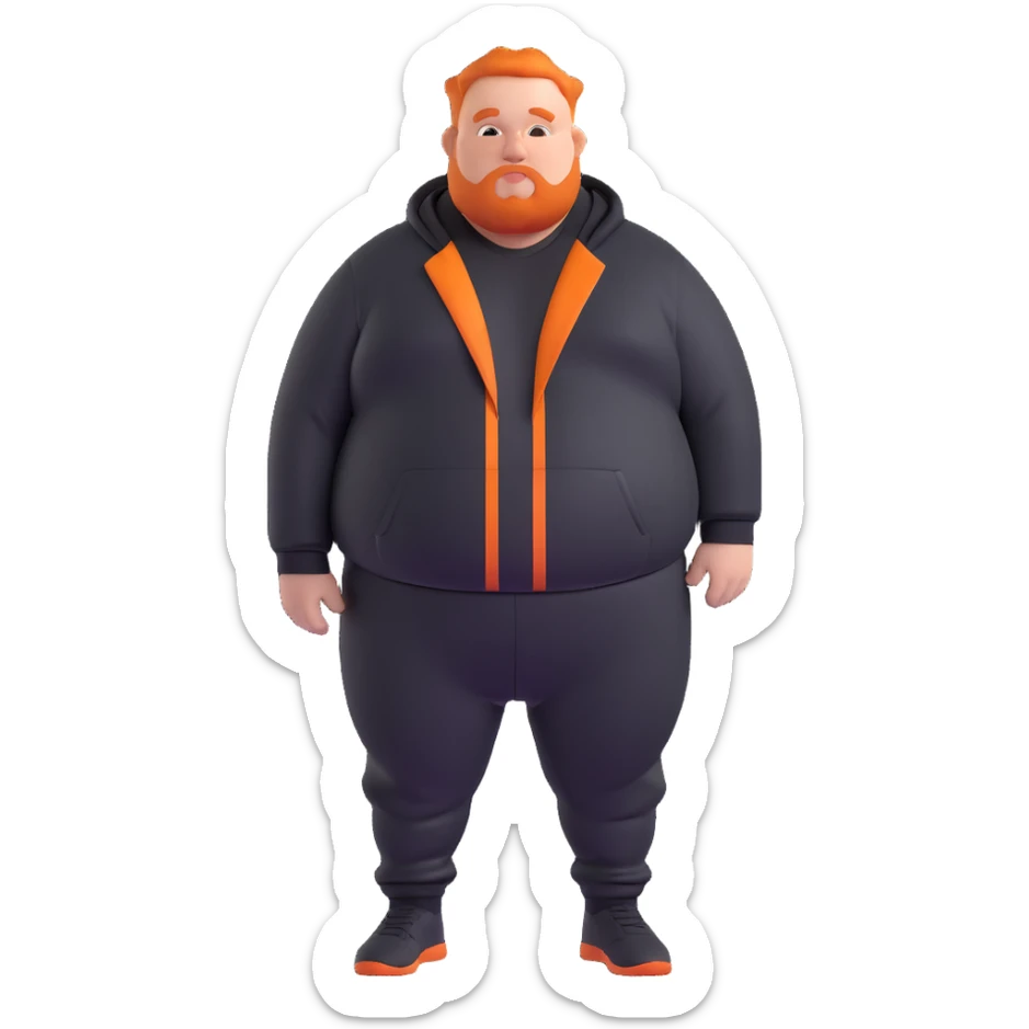 Extremely fat man with orange hair wearing black tracksuit with orange lines sticker