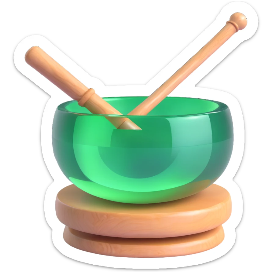 green crystal singing bowl with a mallet in it, highly detailed, glassy and reflective sticker