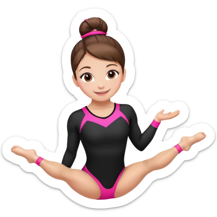 Happy female gymnast with brown hair in a neat bun, wearing a black uniform with neon pink elements. sticker