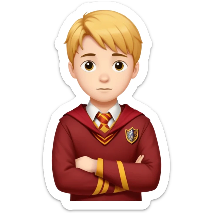 A teenage boy slightly to the side looking forward with crossed arms wearing the Gryffindor uniform sticker