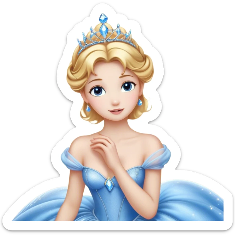 Cinematic Stunning Cinderella Portrait Emoji, Radiant in her sparkling blue ball gown, golden hair in a perfect updo, soft blue eyes full of wonder, glistening tiara, glowing with an ethereal beauty, regal yet kind, a dreamlike aura surrounds her, capturing the essence of a fairy tale princess, elegant and breathtaking! sticker