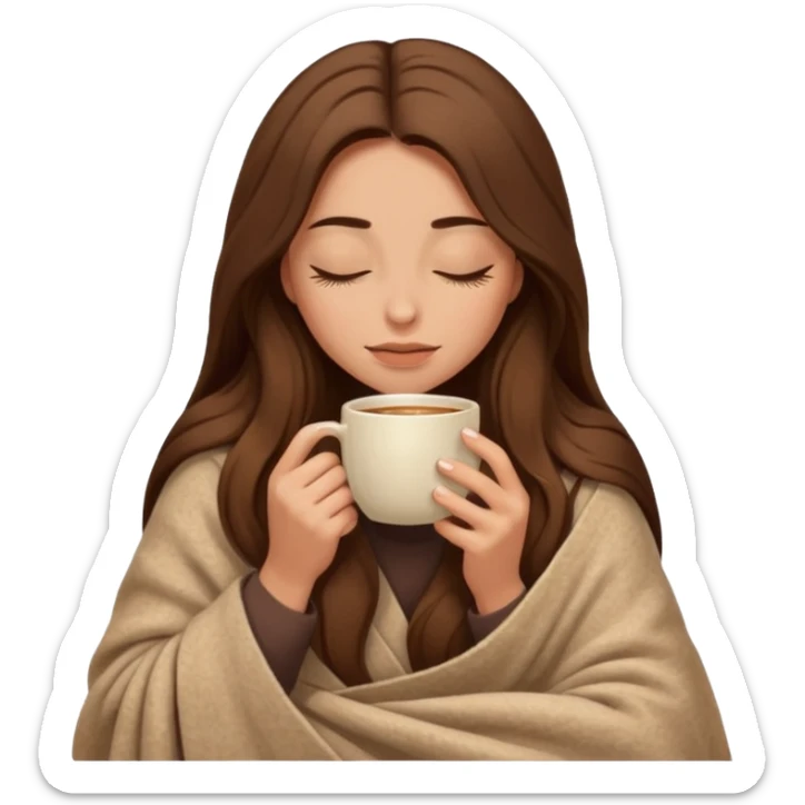 long brown hair woman closed eyes hiding under a cozy wool beige blanket, holding cup of coffee, autumn mood sticker