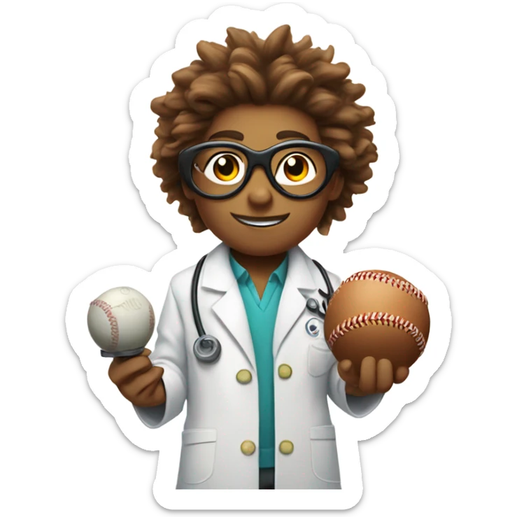 cartoon scientist with wild hair, wearing a lab coat and goggles holding a baseball players swine sticker