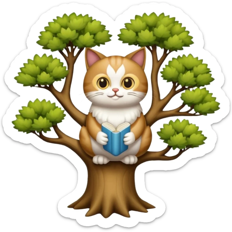crea un gato con alas de búho con pelaje color cafe y blanco y que este en la rama de un árbol sticker