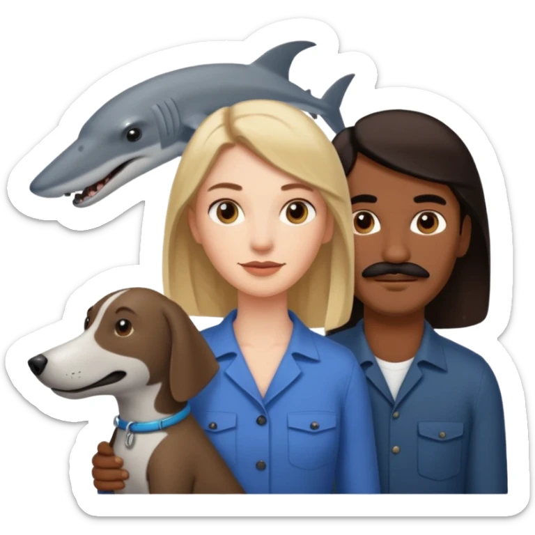 Quiero a una mujer blanca  con el pelo por el hombro lacio castaño claro con un hombre morochito con el pelo negro y bigote, y un perro blanco tipo perro cabeza de martillo sticker