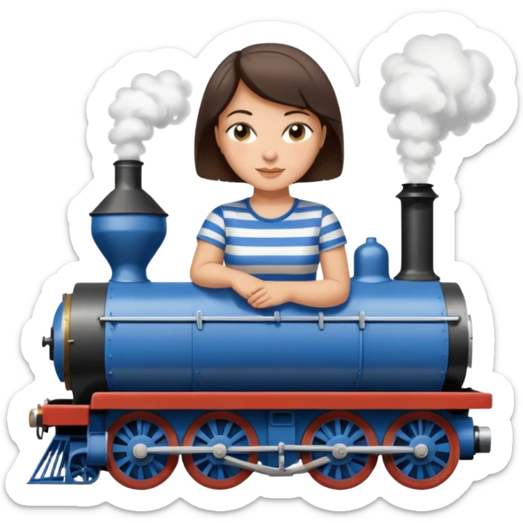 Pretty, sexy, slightly curvy white woman with short dark brown hair, wearing a blue and white striped tee shirt, riding a steam train sticker