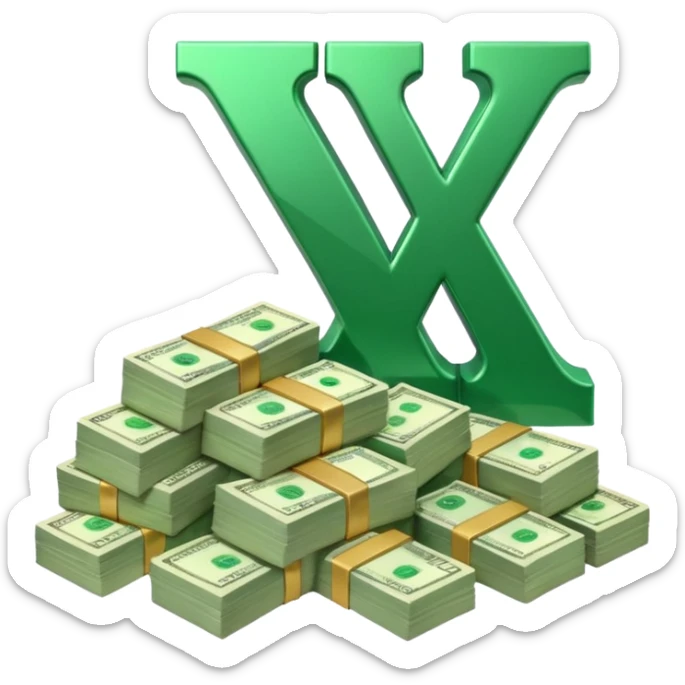 start with a 3d number 10 and letter x, "10x" and to its right, a cash pile, make bills rectangular, looking like 10x CASH PILE,  sticker