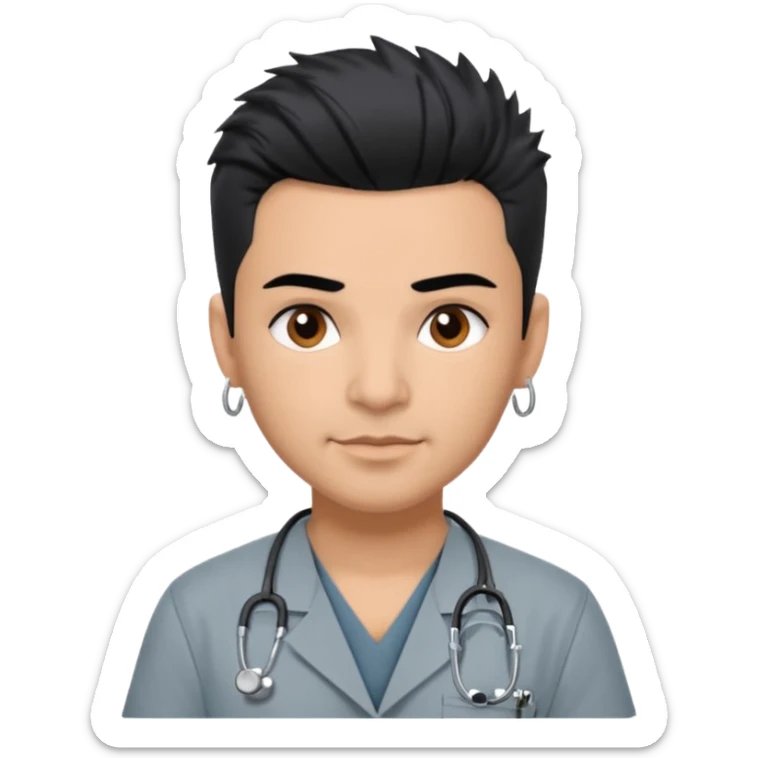 Dr. Efrén Rivera Santiago, a doctor with short spiked hair, gray scrubs, tattoos, and hook earrings, exudes professionalism and warmth. sticker