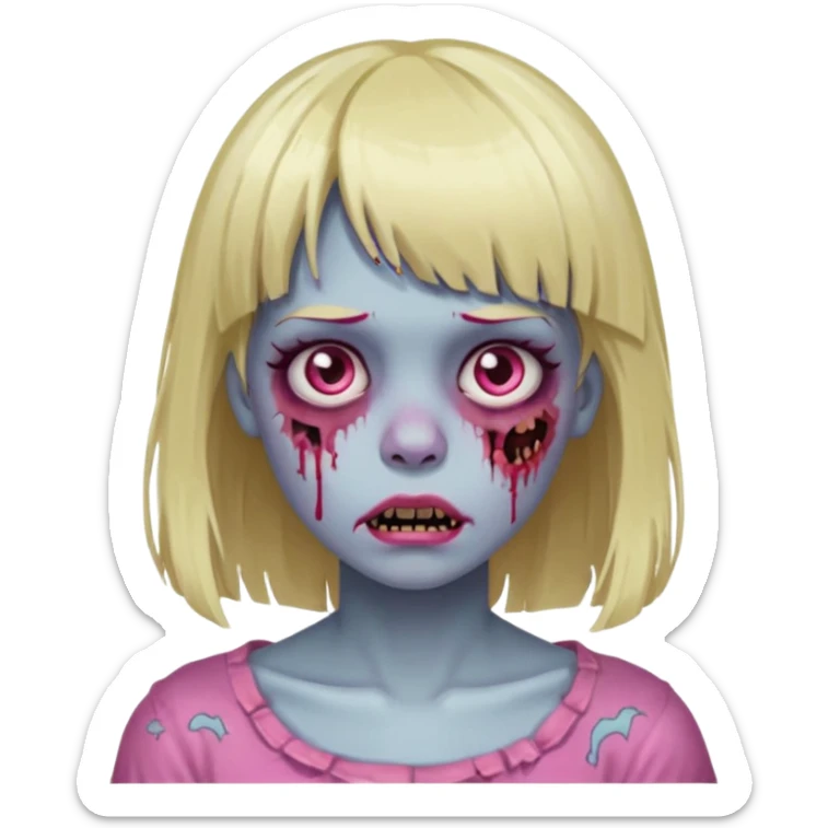 Zombie girl with blonde hair, bangs, and a pink strand on the left side of the hair, which is also half of the bangs sticker