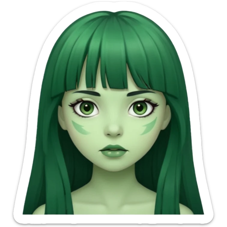 queria um emoji de zumbi verde de uma garota, olhos pretos, cabelos escuros e longos, com uma franja acima da sobrancelha  sticker