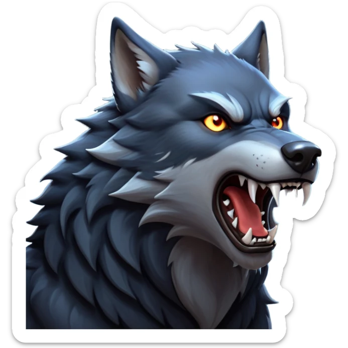 cinematic-noble-fierce-werewolf-howling-portrait-emoji, poised-and-imposing, with a fierce wolfish face tilted upwards in a haunting howl, glowing eyes full of primal ferocity, sharp, and a rugged snout, fur rippling in shades of midnight black and silver, muscles tensed as the powerful howl echoes beneath the moonlit sky; rendered with realism, capturing the raw, untamed power of the beast in its wild, primal state sticker