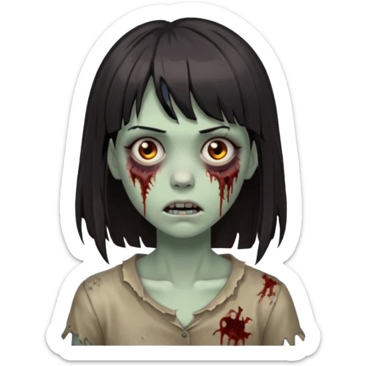 zombie girl dark hair long her shoulders bangs and ragged haircut gray eyes sticker