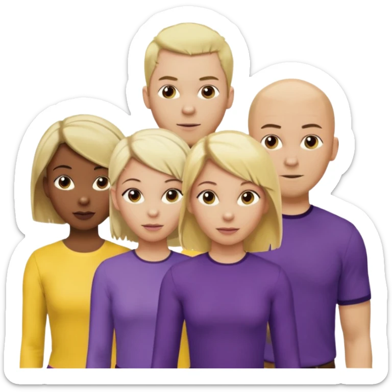 5 person team; 2 men and 3 women.  All dressed in yellow or purple.  1 caucasian woman with blonde mid length hair. 1 caucasian woman with blonde short length hair. 1 caucasian woman has ash blonde hair tied up. 1 man is African-american and bald, 1 man is caucasian and very little hair left.  
 sticker