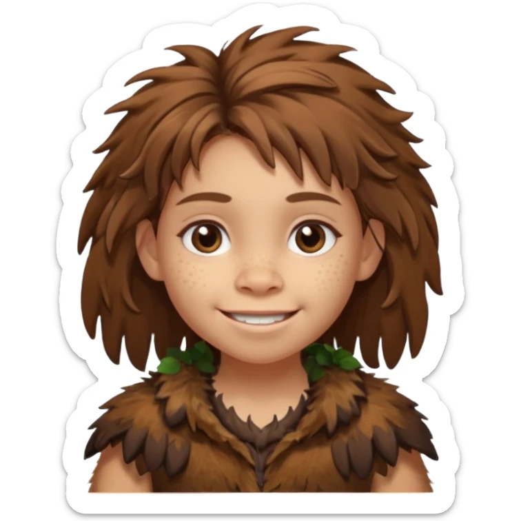 smiling Neanderthal girl kid with messy hair and animal skin clothing sticker