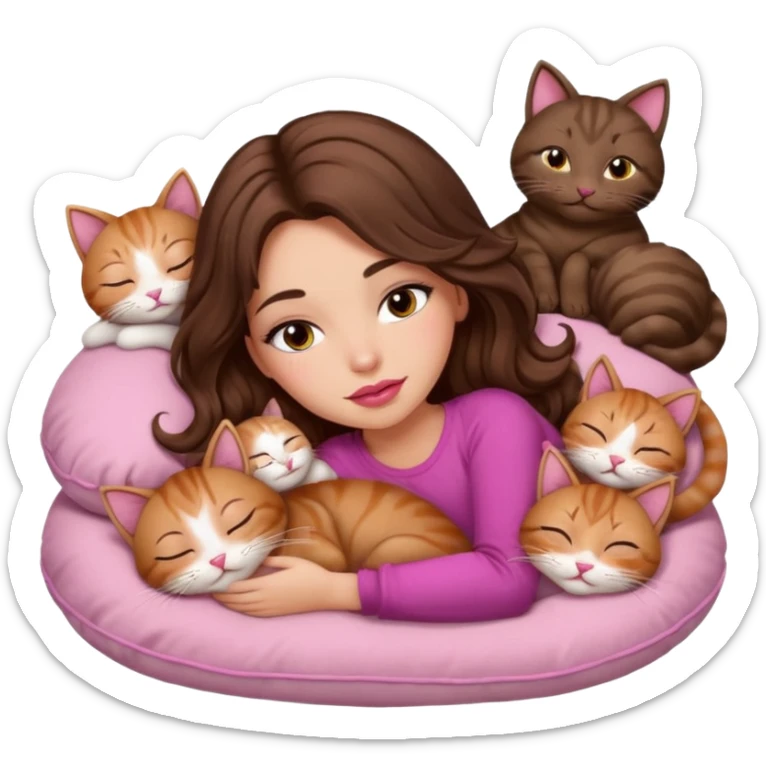 girl with long wavy brown hair, brown eyes, long lashes makeup, sexy pink lips, sleeping on a cozy pillow with 6 cats sticker