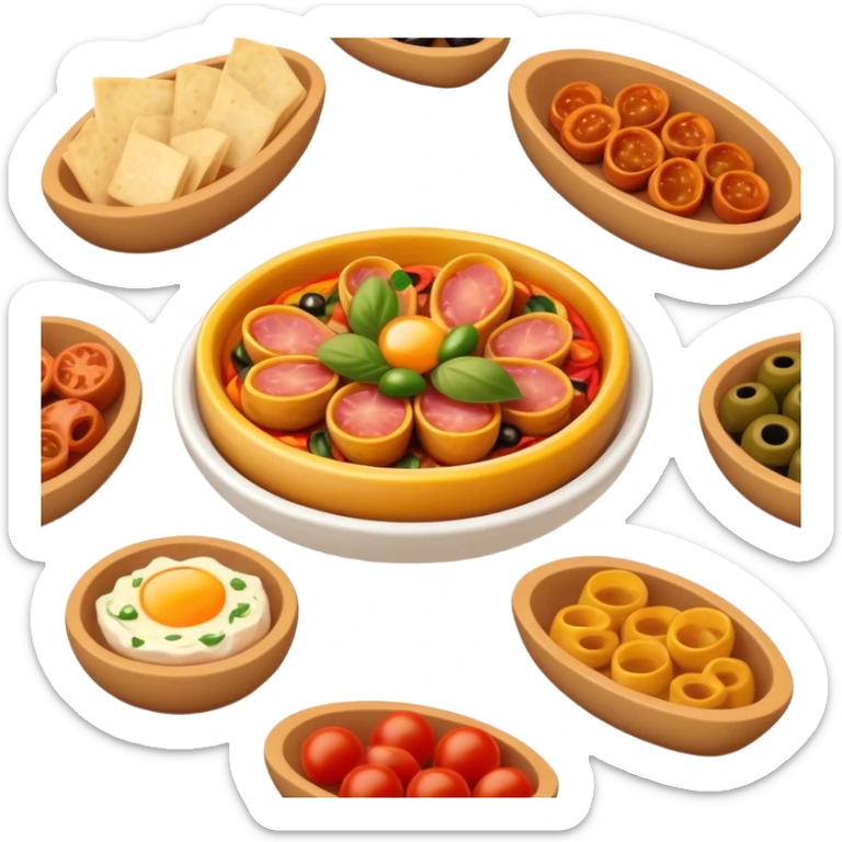 Cinematic Realistic Tapas Dish Emoji, depicted as an assortment of small, flavorful Spanish appetizers rendered with vibrant detail and warm, inviting lighting. sticker