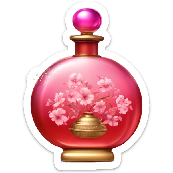 An antique perfume gradient red and pink bottle in oriental style, oil perfumes inside, sequins and flowers flying around sticker