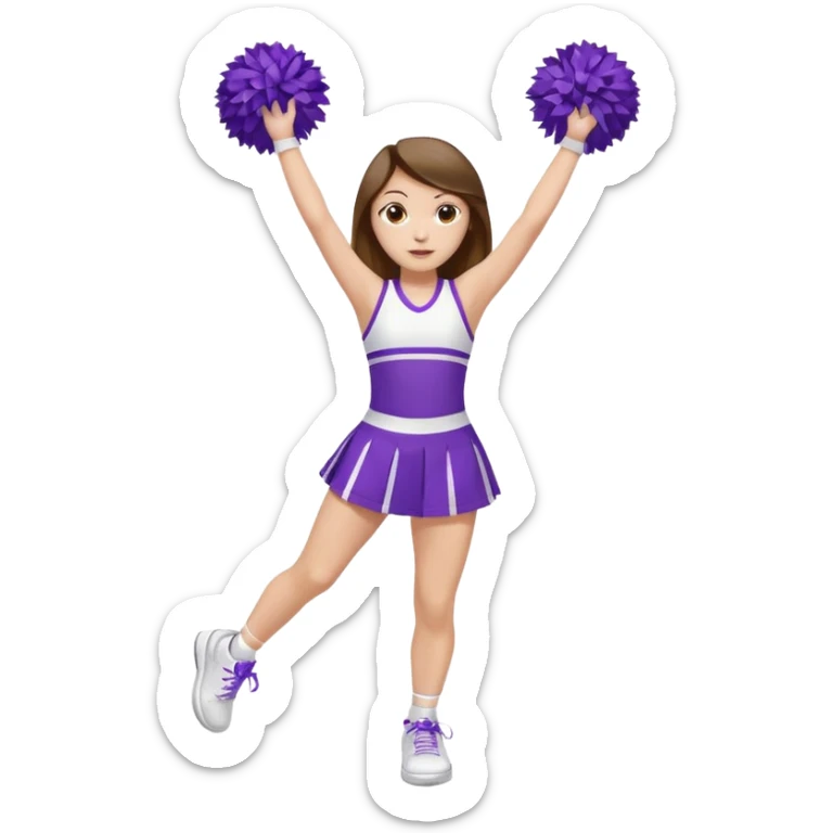 White girl with brown hair, wearing a white and purple chair, dress with one leg in posse and the other one straight and have her wearing  white tennis shoes and have one hand on her hip and the other hand in the air with a purple and yellow pom pom sticker