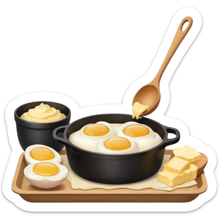 A carton of eggs, butter and a cream ceramic baking bowl with a wooden spoon in it sticker