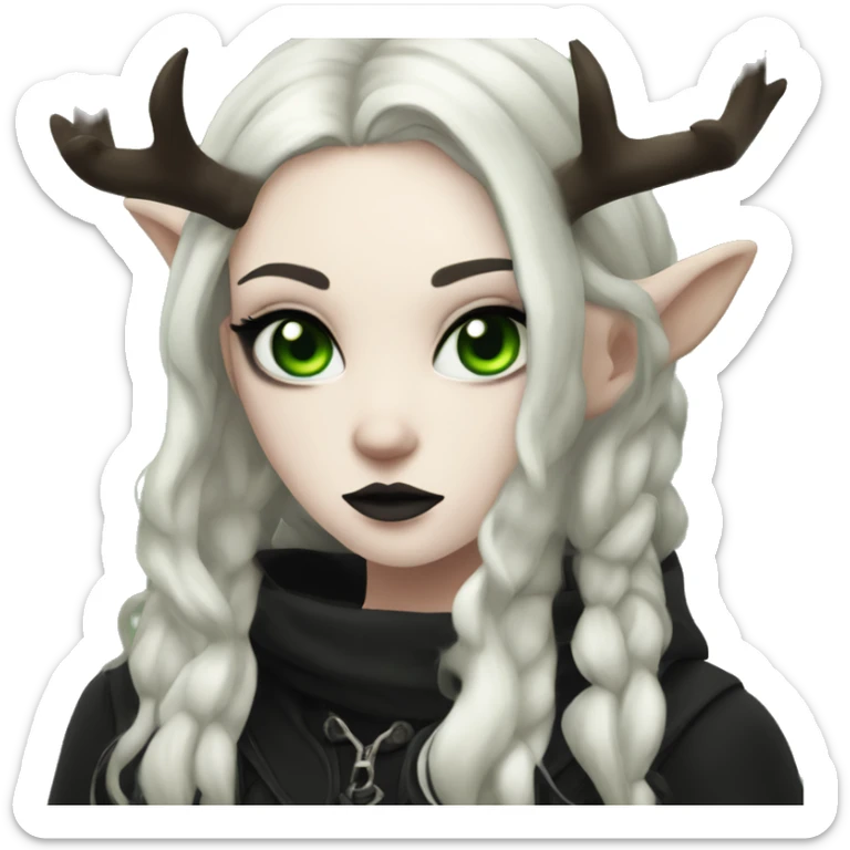 Gothic girl, pale skin, green eyes, dark dread, eyeliner, deer ears and antlers  sticker