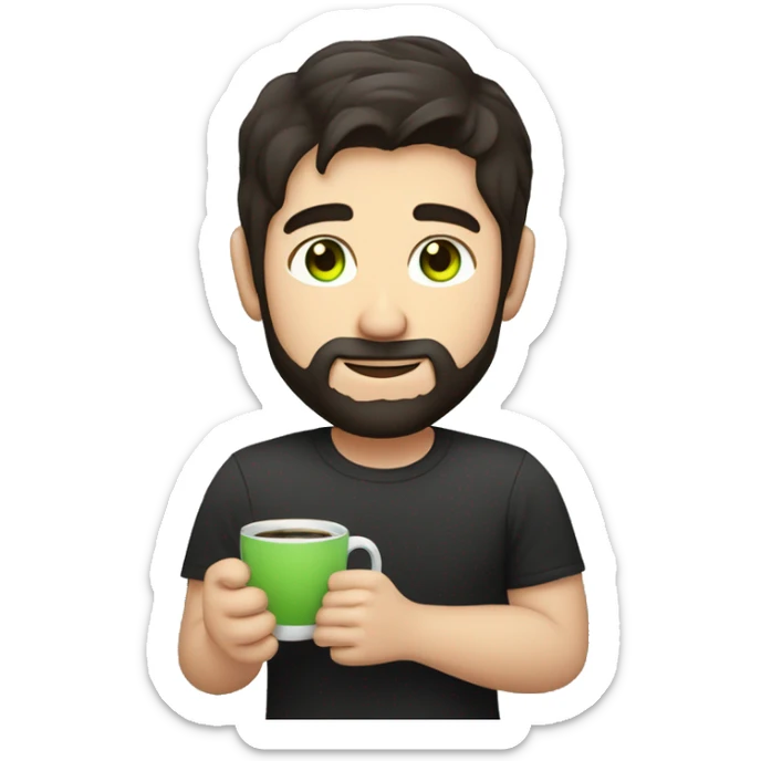 Handsome man with dark hair, holding an cup of coffee, gradient short hair on the side, green eyes. Thin face. Black t-shirt. A little beard. sticker