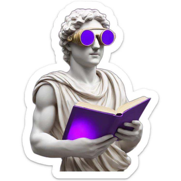 an EMOJI OF A ancient young greek statue reading a book, wearing VR glasses, purple colors, DIGITAL UNIVERSE sticker