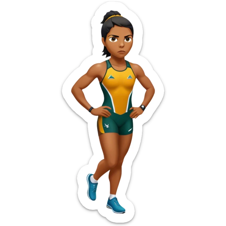 Cinematic Realistic portrait of Cathy Freeman, shown as an iconic Australian athlete with a focused, determined expression and modern athletic attire accented with subtle native motifs, rendered in dynamic, vibrant lighting sticker