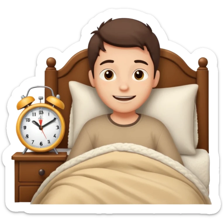 create emoji of a boy who is lying in the bed in the morning and its time to wake up  because the alarm went off he should smile  sticker