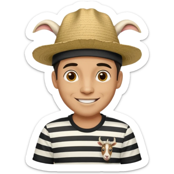A happy fair skinned Colombian man with a goat tee wearing a Colombian hat that has black horizontal stripes on it sticker
