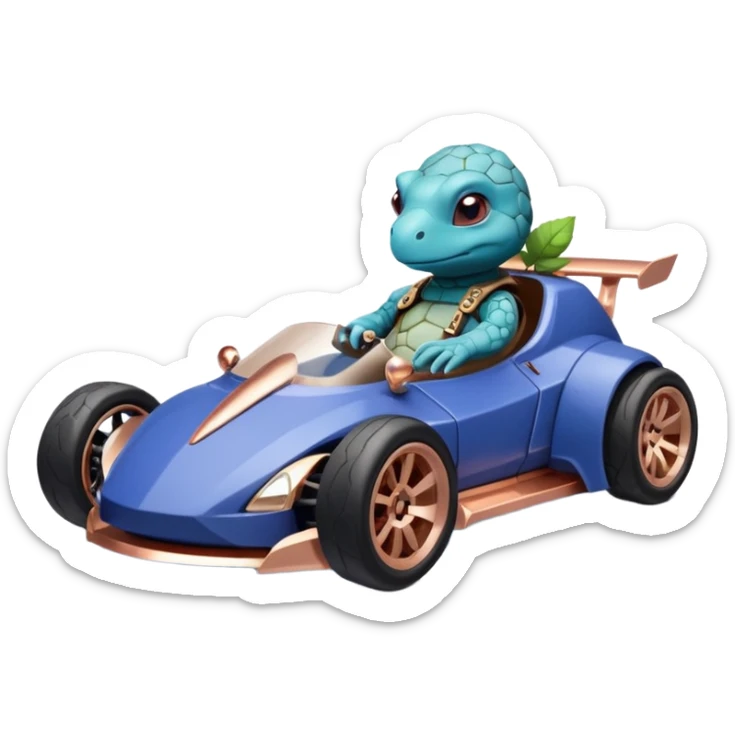 dark crystal blueberry and rosegold-accented cyber faceted-body electric drift-racing car driven by a small cute smoking relaxed turtle with rear spoiler, roll bar, and wheely bar sticker