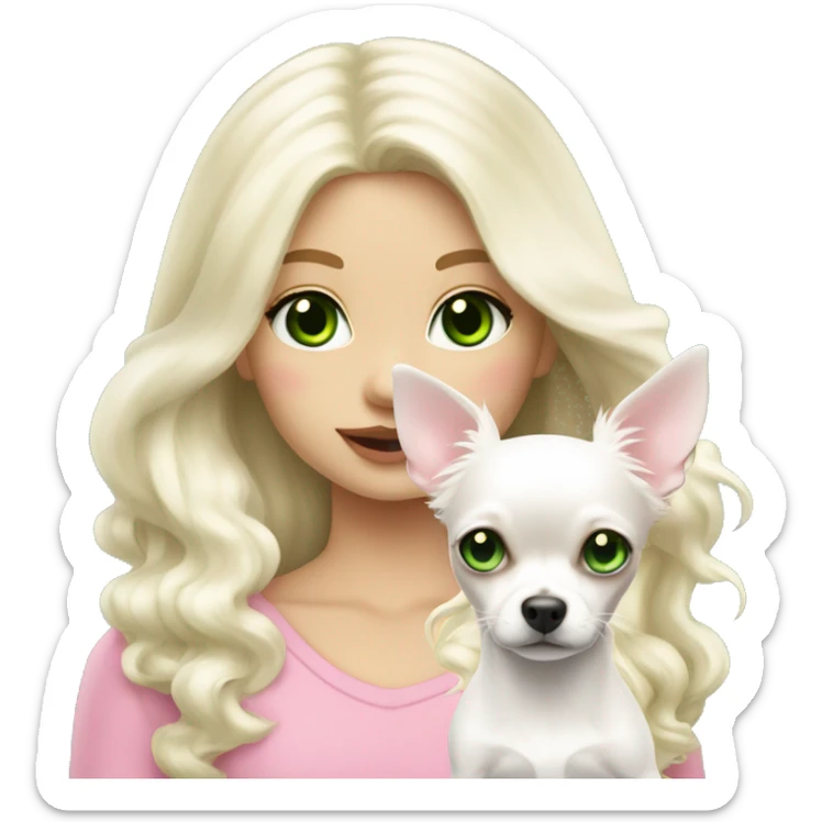 pale blond girl with wavy long platinum white hair with bright green eyes holding a white chihuahua that wearing a pink bow sticker