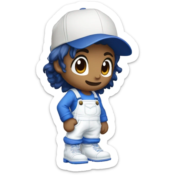 Black messy hair, white overalls, blue long sleeve shirt, Blue eyes, Brown shoes, white gloves, S in the blue cap logo, Smg4, Tan sticker