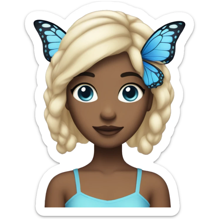 a girl with big black eyes and lightskin with jetblack butterfly cut hair and with blue fairy costume sticker