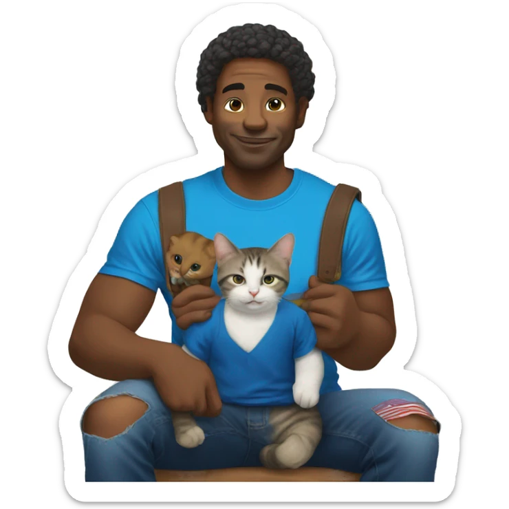 american rich in blue t-shirt with a baby cat on his shoulder sticker