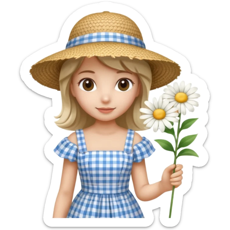 a girl in a blue checkered dress with a big straw hat, holding daisies, back view, smooth shading, minimalistic background, 3D iOS Apple emoji style sticker